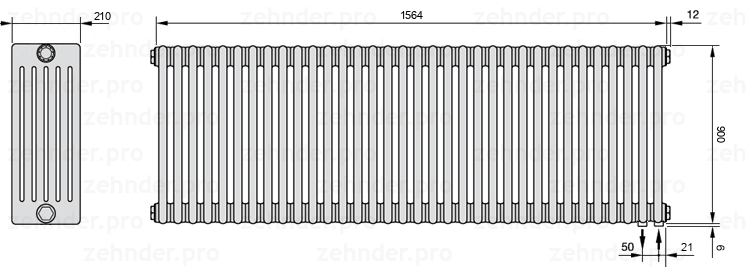 Схема (чертеж) Радиатор Zehnder Charleston 6090/34 №5510 Белый глянцевый RAL 9016